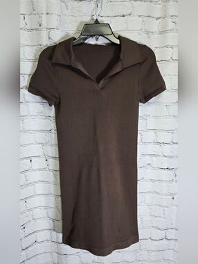 OQQ Brown Ribbed Bodycon Collar Mini Dress Size Medium